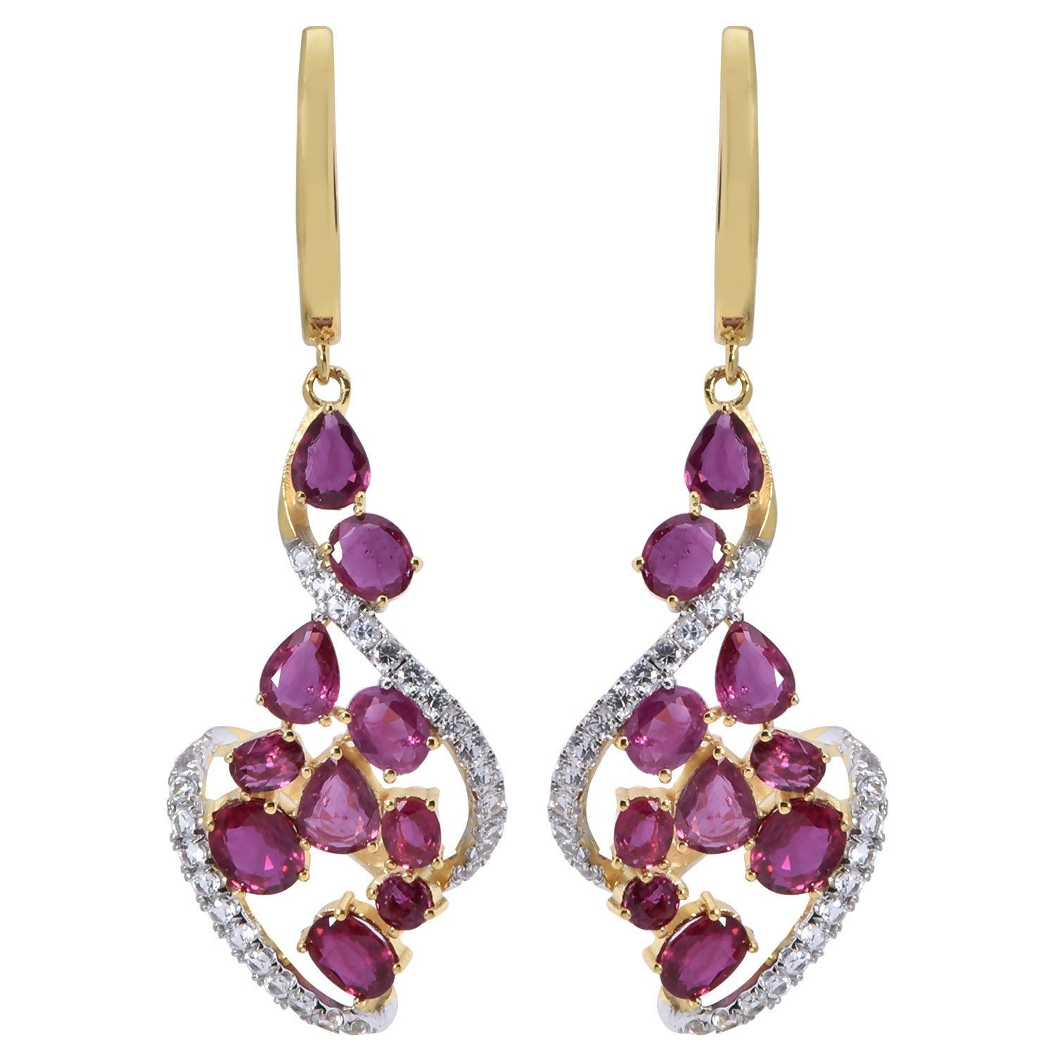 ต่างหูทอง9K ชุบทอง18K ประดับทับทิม และโทแพซ สีขาว ดีไซน์กลีบดอกไม้ - BigxShow