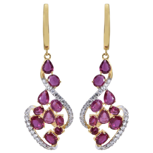 ต่างหูทอง9K ชุบทอง18K ประดับทับทิม และโทแพซ สีขาว ดีไซน์กลีบดอกไม้ - BigxShow