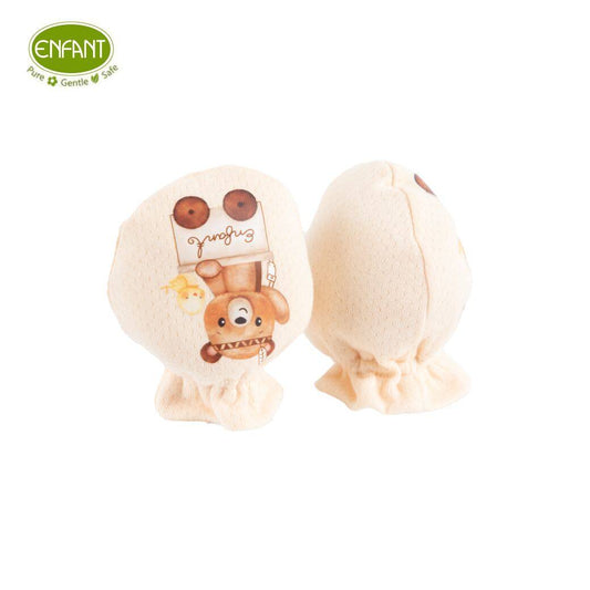 ENFANT อองฟองต์ ถุงมือเด็ก สำหรับเด็กอายุ 0-6 เดือน คอลเลกชั่น หมีกางเต็นท์ ผ้าคอตตอนออร์แกนิก สีครีม