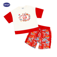 Enfant (Enfant) Round neck shirt + dragon pattern pants set, Festive collection, welcoming the Year of the Golden Dragon, for children aged 6 months - 4 years, red