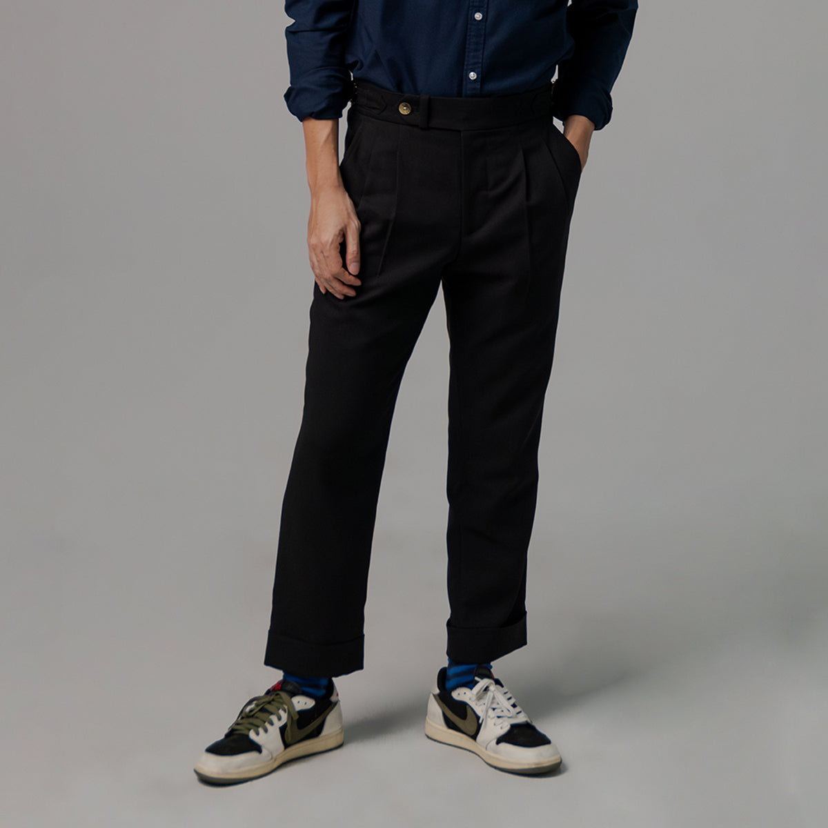 era-won Long pants, Double Belts Trousers V3, Skinny Crop style, high waist, Space black color (black)