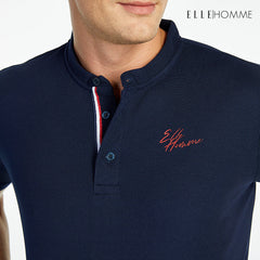 ELLE HOMME POLO | Chinese collar polo shirt, short sleeves, decorated with French flag tape, navy blue | W8K904