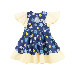 ENFANT Aungfont, ruffled sleeve dress, Sea Turtle collection, printed with leatherback turtle pattern, cotton and satin fabric, for children aged 6 months - 8 years, navy blue 