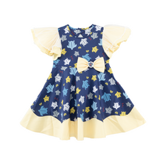 ENFANT Aungfont, ruffled sleeve dress, Sea Turtle collection, printed with leatherback turtle pattern, cotton and satin fabric, for children aged 6 months - 8 years, navy blue 