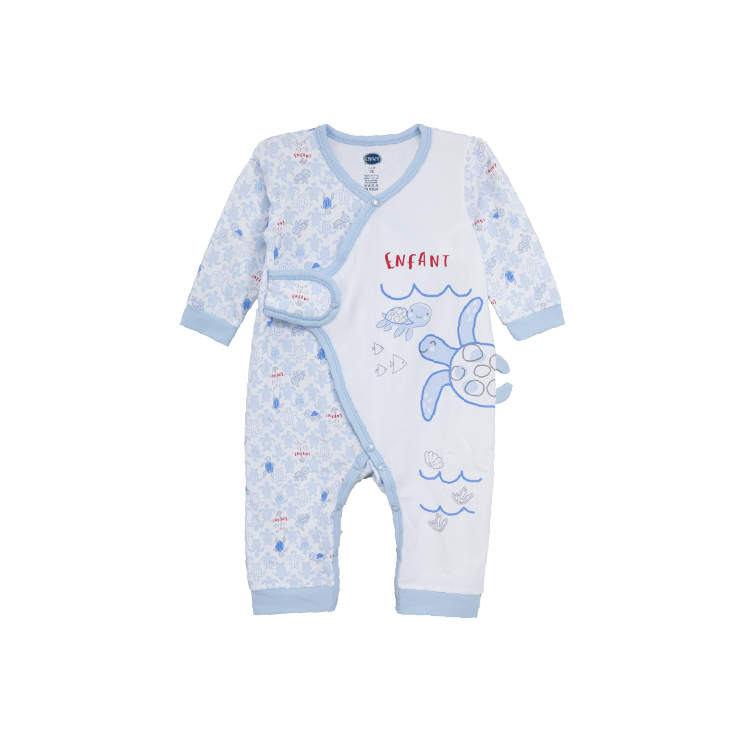 ENFANT Ongfont long-sleeved jumpsuit, Sea Turtle collection, printed with leatherback turtle pattern, cotton and spandex fabric for children aged 0-12 months.