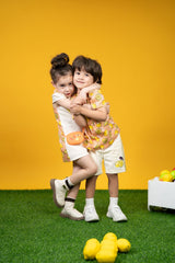 ENFANT Ongfont shirt + shorts set for children aged 6 months - 8 years, Lemon collection, cotton mixed with satin, orange color 