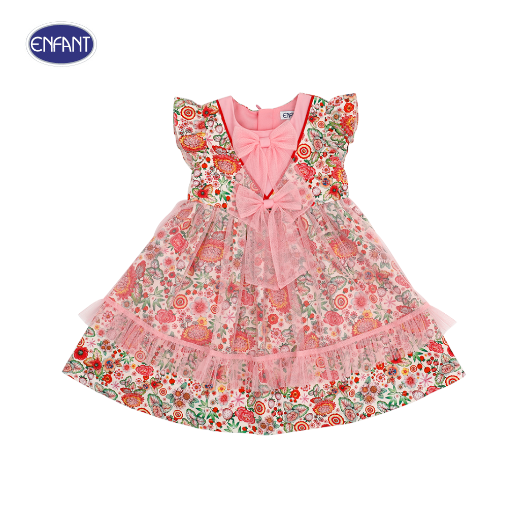 Enfant (Enfant) Midi dress set, ruffled sleeves, peony pattern, Festive collection, welcoming the Year of the Golden Dragon, for children aged 6 months - 8 years, red