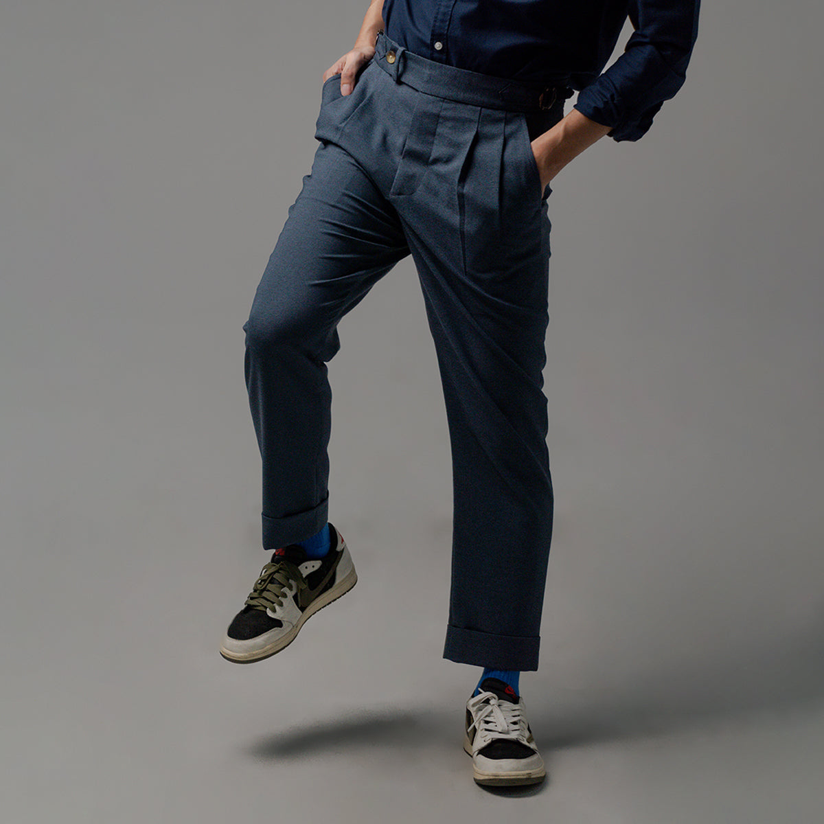 era-won กางเกงขายาว รุ่น Double Belts Trousers V1 ทรง Skinny Crop เอวสูง สี Mad Blue (กรม)