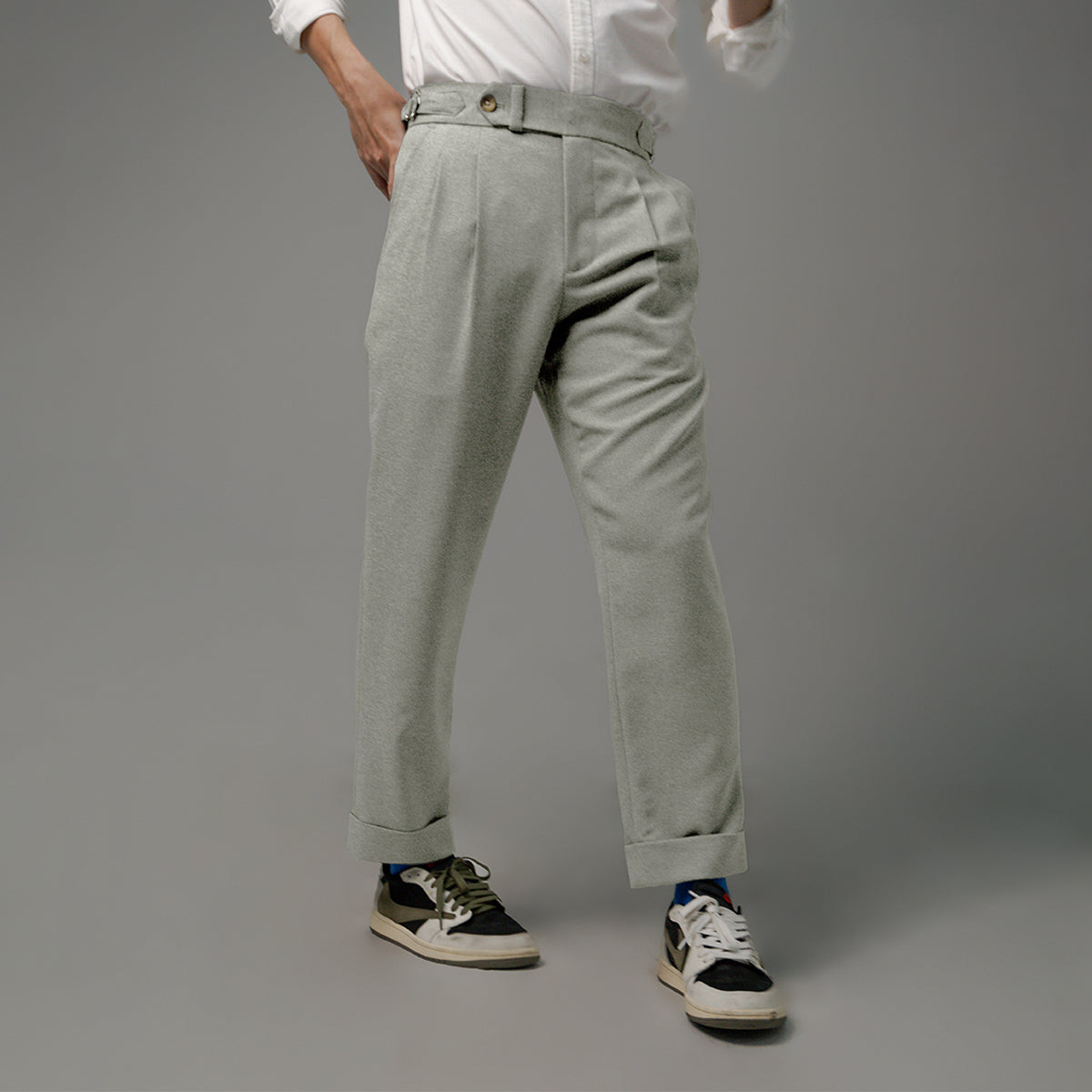 era-won Double Belts Trousers V1 Skinny Crop High Waist Pants, Mad Light Grey 