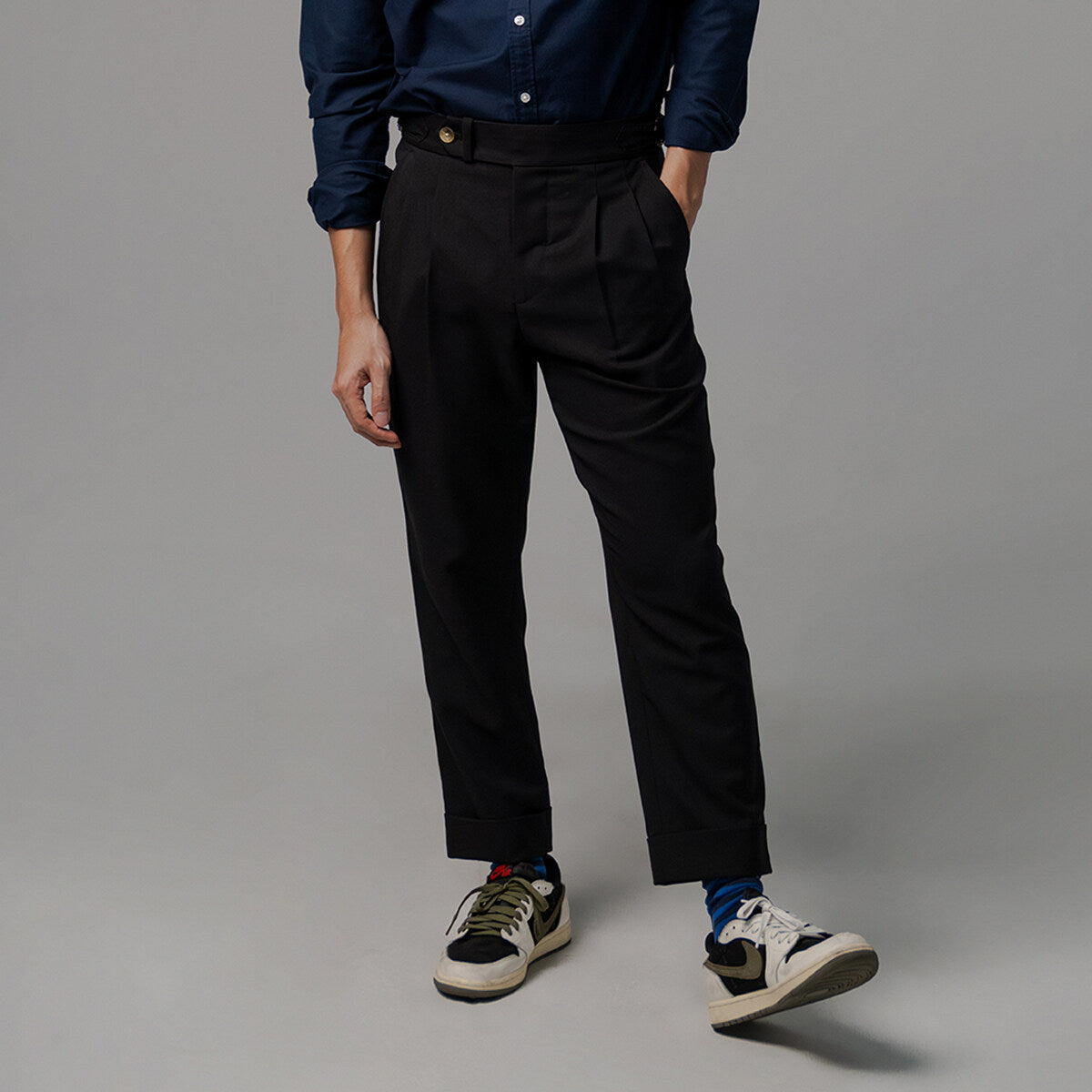 era-won Long pants, Double Belts Trousers V2 model, Skinny Crop style, high waist, Black color (dark black), new fabric