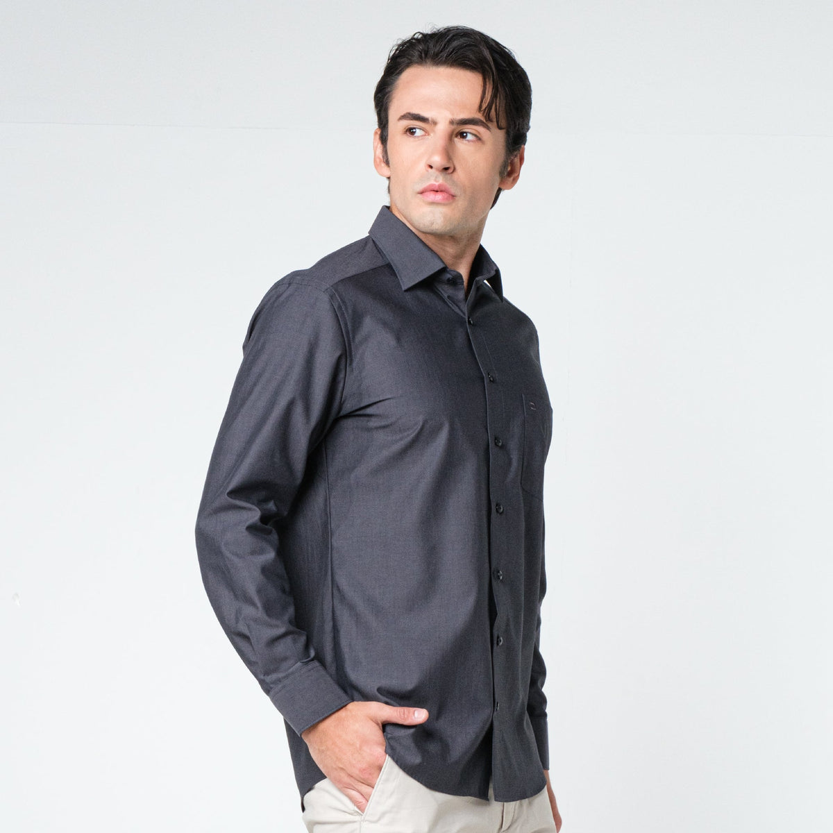 OLYMP LUXOR Shirt เสื้อเชิ้ตสีเทาเข้ม ผ้าเท็กเจอร์ทรงหลวม ใส่สบาย รีดง่าย