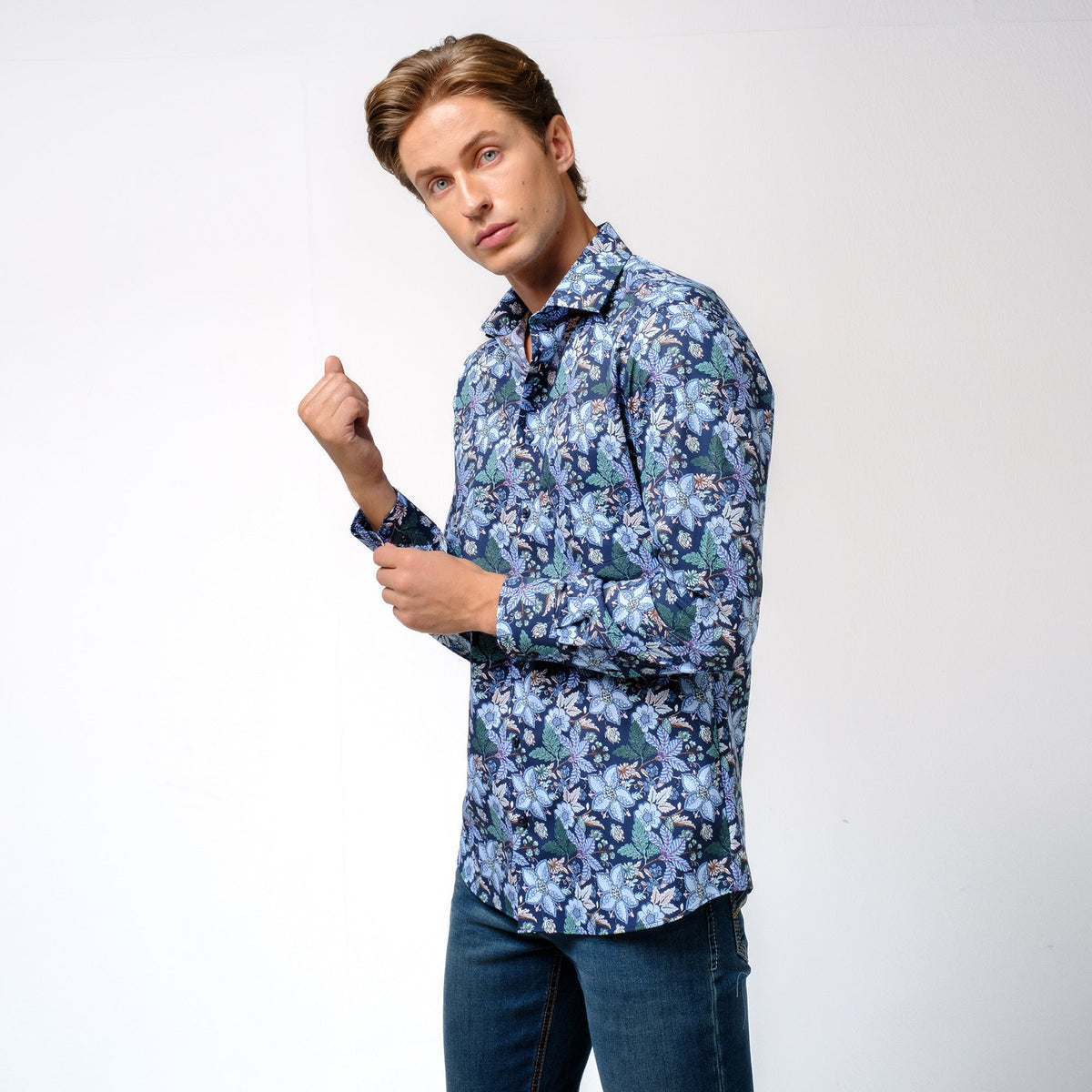 OLYMP LUXOR Shirt, floral print shirt, navy blue, loose fit, comfortable to wear, easy to iron.
