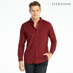 ELLE HOMME Long-sleeved shirt, collar, 100% cotton blend, wine red (W8B675)