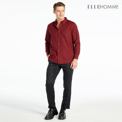 ELLE HOMME Long-sleeved shirt, collar, 100% cotton blend, wine red (W8B675)
