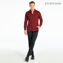 ELLE HOMME Long-sleeved shirt, collar, 100% cotton blend, wine red (W8B675)