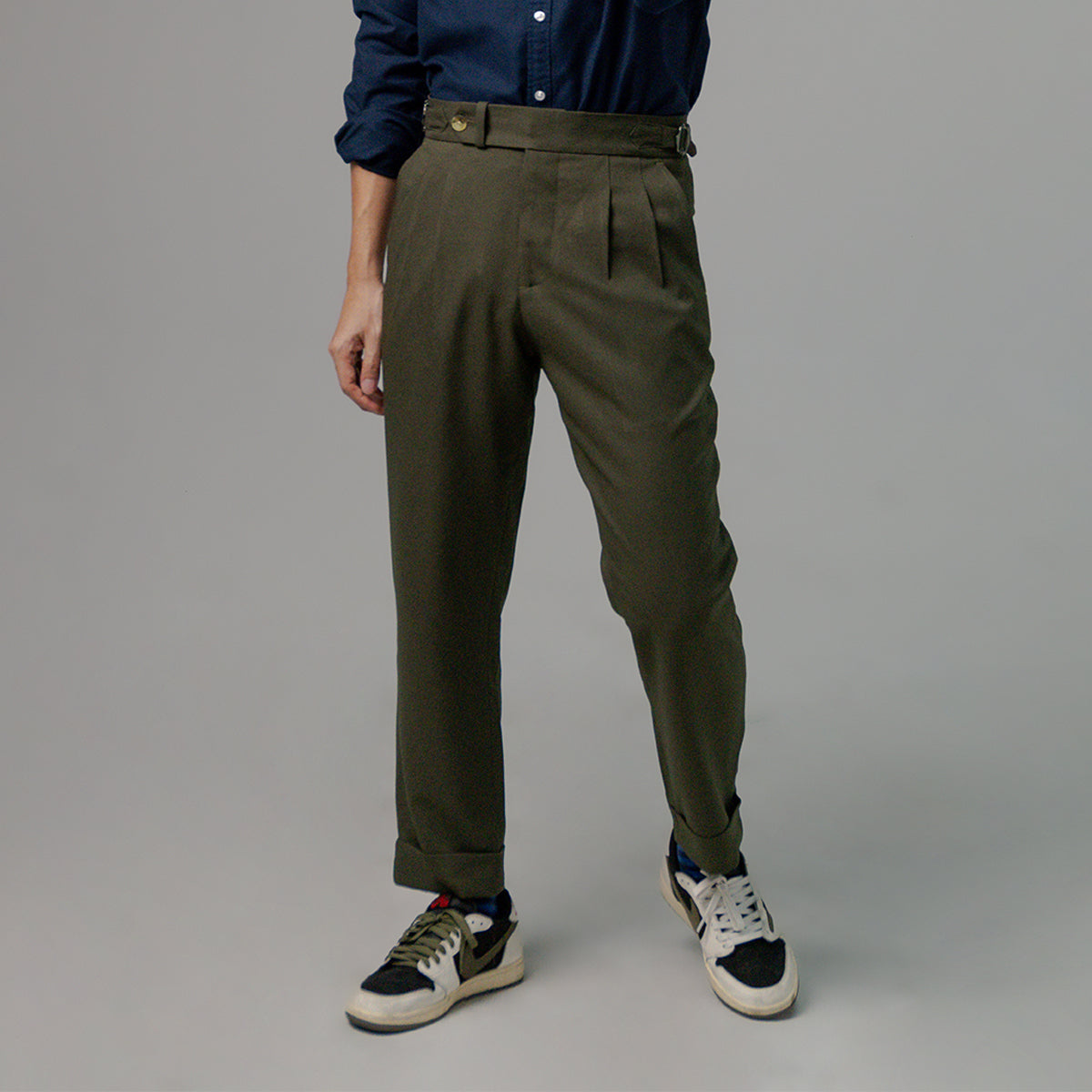 era-won Long pants, Double Belts Trousers V2 model, Skinny Crop style, high waist, Olive color (army green), new fabric 
