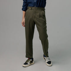 era-won Long pants, Double Belts Trousers V2 model, Skinny Crop style, high waist, Olive color (army green), new fabric 
