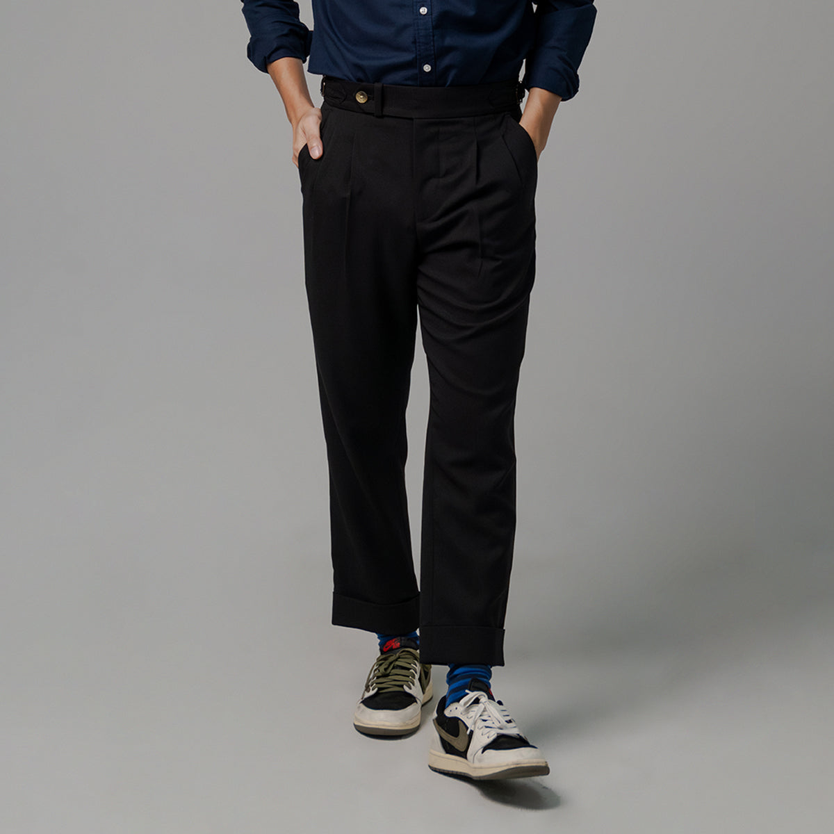 era-won Long pants, Double Belts Trousers V3, Skinny Crop style, high waist, Space black color (black)