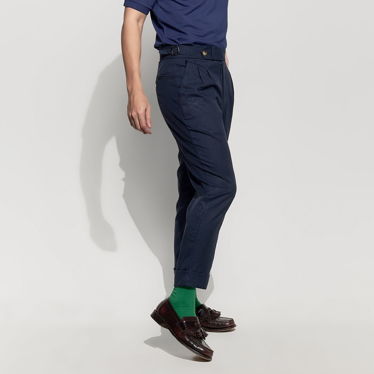 era-won Double Belts Trousers V4 Skinny Crop High Waist Shinori blue (navy) woven fabric