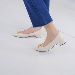 ELLE SHOES Lambskin shoes, square heel, LAMB SKIN COMFY COLLECTION, Block heel model, off-white color, ELB003 