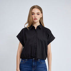 ELLE Women's Cotton Shirt, Double Folded Sleeves, CROP Style, Tie Waist, ELLE Logo Embroidery, Model W3B220 (4 Colors Available)