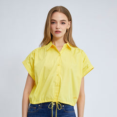 ELLE Women's Cotton Shirt, Double Folded Sleeves, CROP Style, Tie Waist, ELLE Logo Embroidery, Model W3B220 (4 Colors Available)