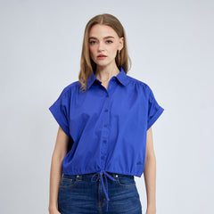 ELLE Women's Cotton Shirt, Double Folded Sleeves, CROP Style, Tie Waist, ELLE Logo Embroidery, Model W3B220 (4 Colors Available)