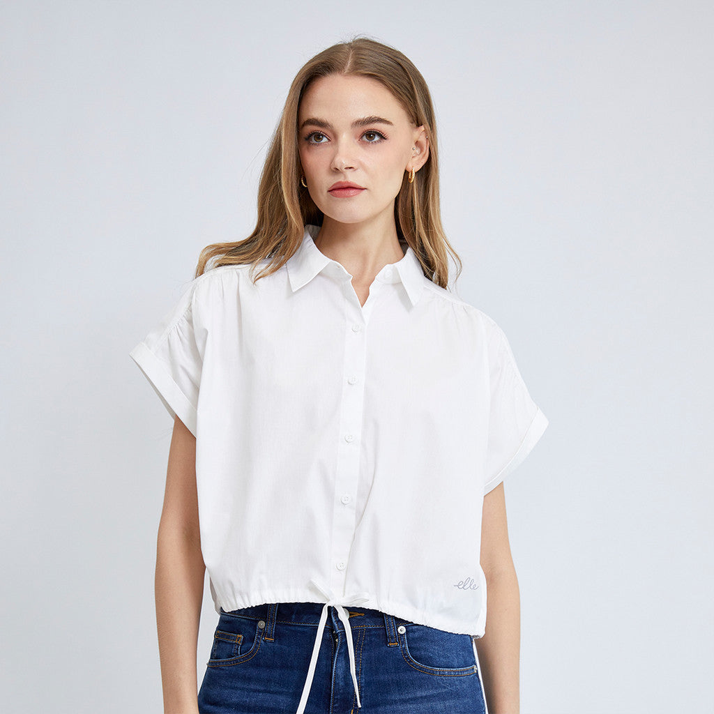 ELLE Women's Cotton Shirt, Double Folded Sleeves, CROP Style, Tie Waist, ELLE Logo Embroidery, Model W3B220 (4 Colors Available)