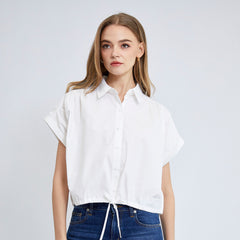 ELLE Women's Cotton Shirt, Double Folded Sleeves, CROP Style, Tie Waist, ELLE Logo Embroidery, Model W3B220 (4 Colors Available)