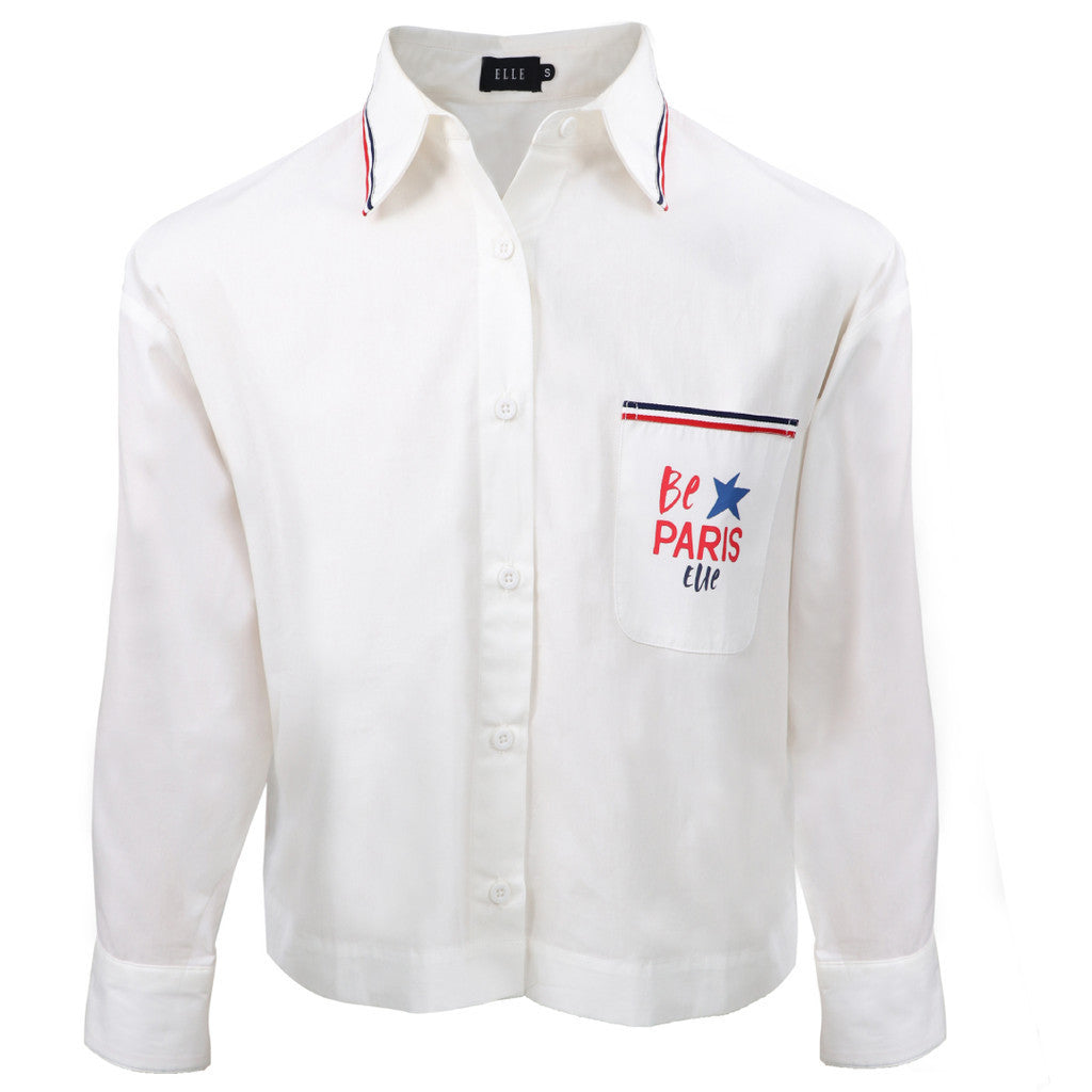 ELLE Women's CROP Shirt, COTTON fabric, long sleeves, BOXY style, screen-printed pocket, model W3B272