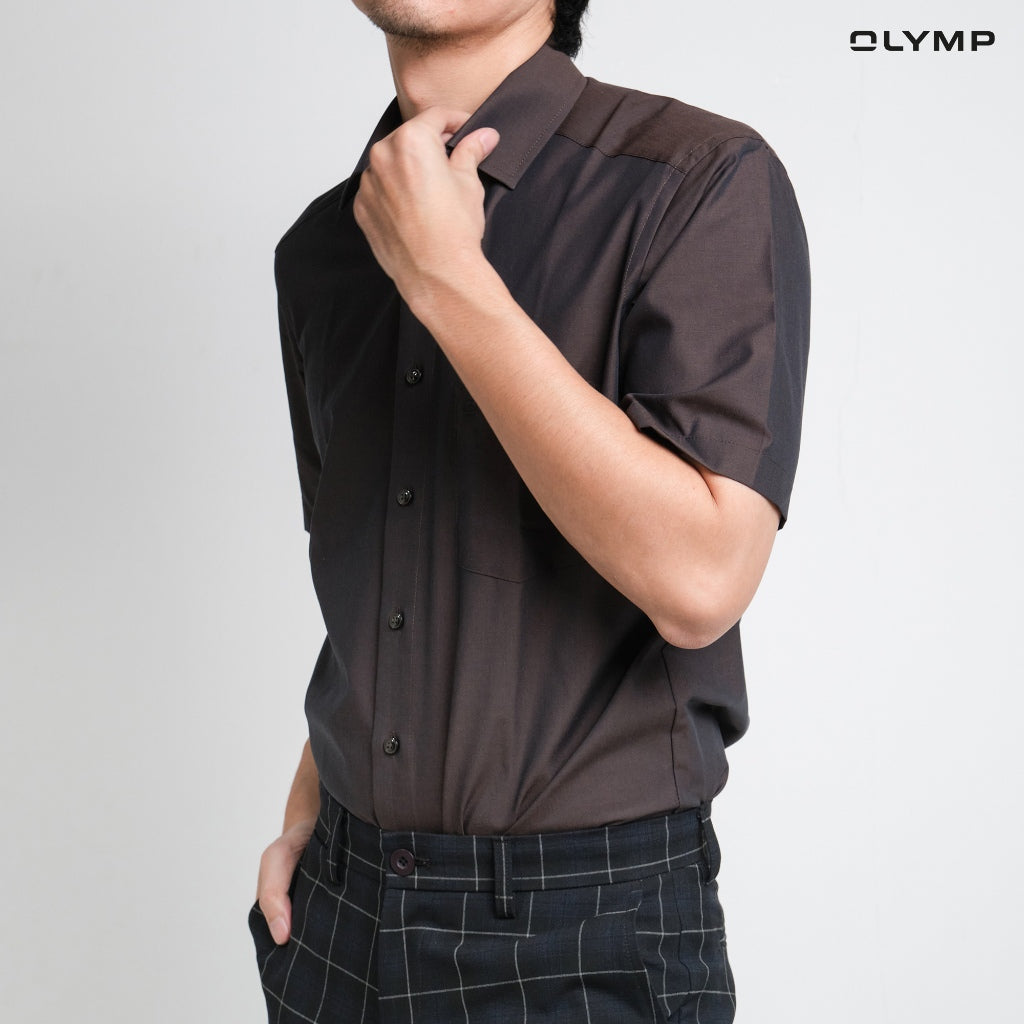 OLYMP LUXOR Shirt, men's short-sleeved shirt, brown, plain fabric, loose fit, comfortable to wear, easy to iron, AUTU24 