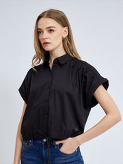 ELLE Women's Cotton Shirt, Double Folded Sleeves, CROP Style, Tie Waist, ELLE Logo Embroidery, Model W3B220 (4 Colors Available)