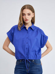 ELLE Women's Cotton Shirt, Double Folded Sleeves, CROP Style, Tie Waist, ELLE Logo Embroidery, Model W3B220 (4 Colors Available)