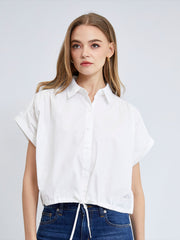 ELLE Women's Cotton Shirt, Double Folded Sleeves, CROP Style, Tie Waist, ELLE Logo Embroidery, Model W3B220 (4 Colors Available)