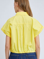 ELLE Women's Cotton Shirt, Double Folded Sleeves, CROP Style, Tie Waist, ELLE Logo Embroidery, Model W3B220 (4 Colors Available)