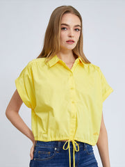 ELLE Women's Cotton Shirt, Double Folded Sleeves, CROP Style, Tie Waist, ELLE Logo Embroidery, Model W3B220 (4 Colors Available)