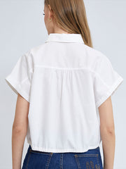 ELLE Women's Cotton Shirt, Double Folded Sleeves, CROP Style, Tie Waist, ELLE Logo Embroidery, Model W3B220 (4 Colors Available)